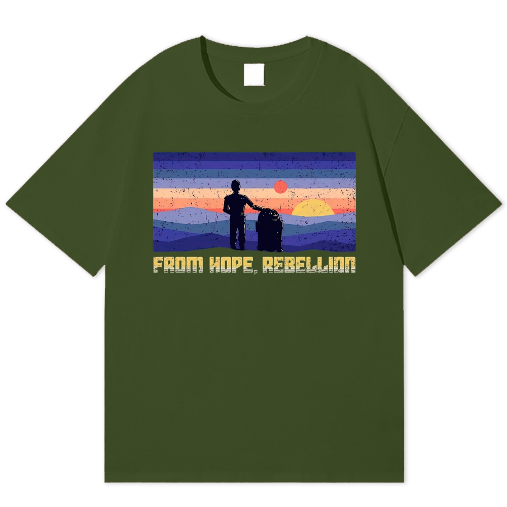 Retro Striped Sunset Silhouette Robot "From Hope, Rebellion" Cotton T-shirt