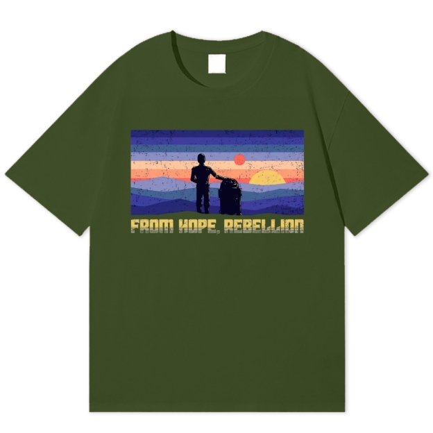 Retro Striped Sunset Silhouette Robot "From Hope, Rebellion" Cotton T-shirt