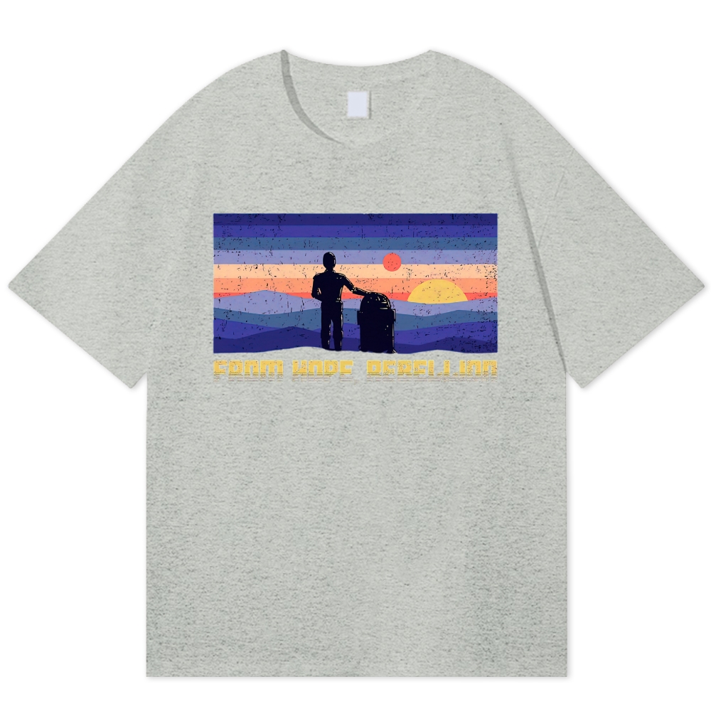Retro Striped Sunset Silhouette Robot "From Hope, Rebellion" Cotton T-shirt