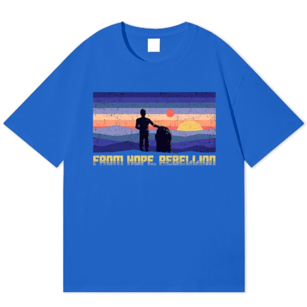 Retro Striped Sunset Silhouette Robot "From Hope, Rebellion" Cotton T-shirt