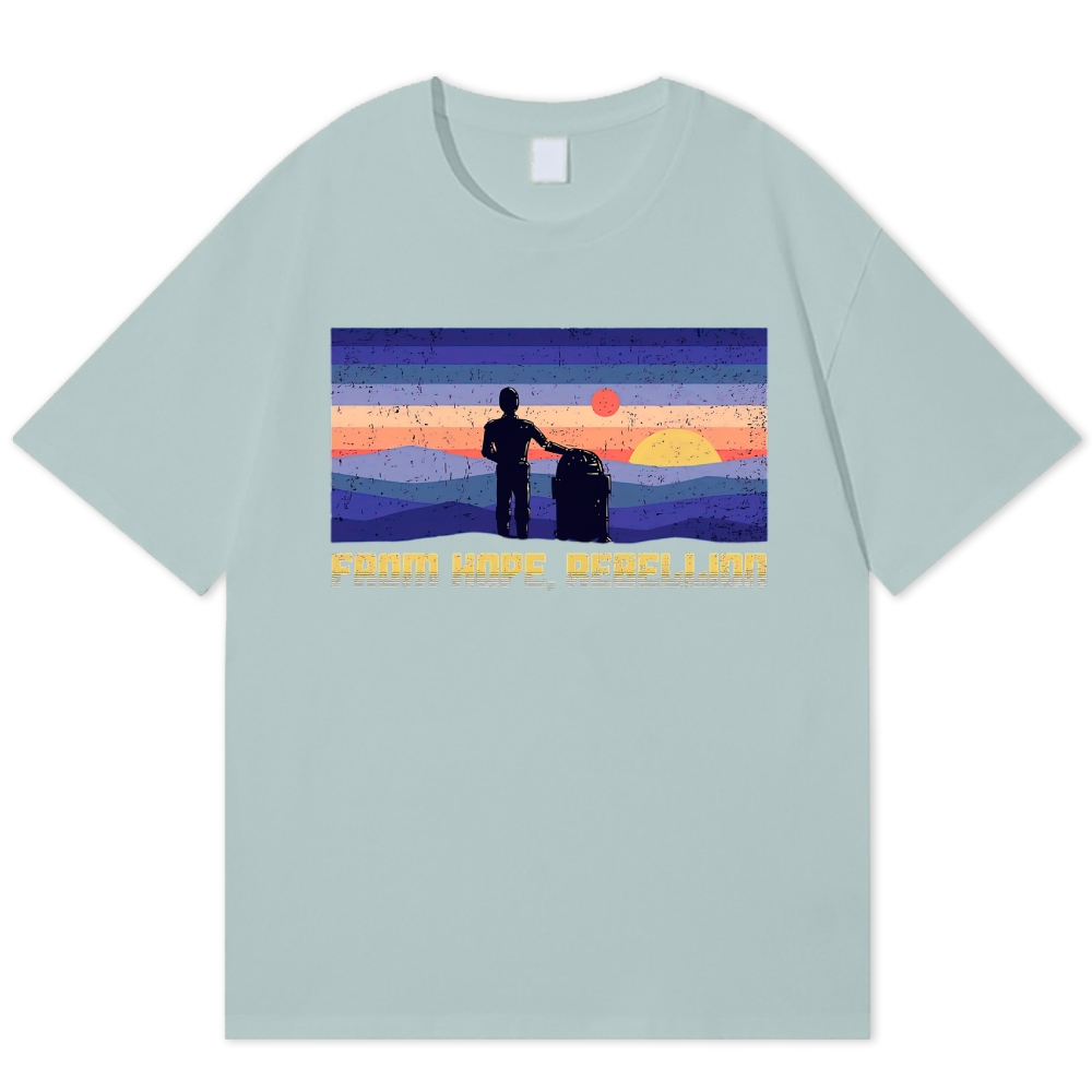 Retro Striped Sunset Silhouette Robot "From Hope, Rebellion" Cotton T-shirt