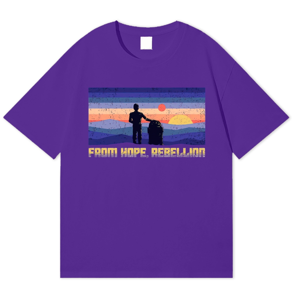Retro Striped Sunset Silhouette Robot "From Hope, Rebellion" Cotton T-shirt
