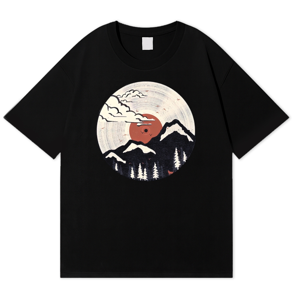Vinyl Record Mountain Forest Red Sun Japanese Woodcut Style Solid Cotton T-shirt
