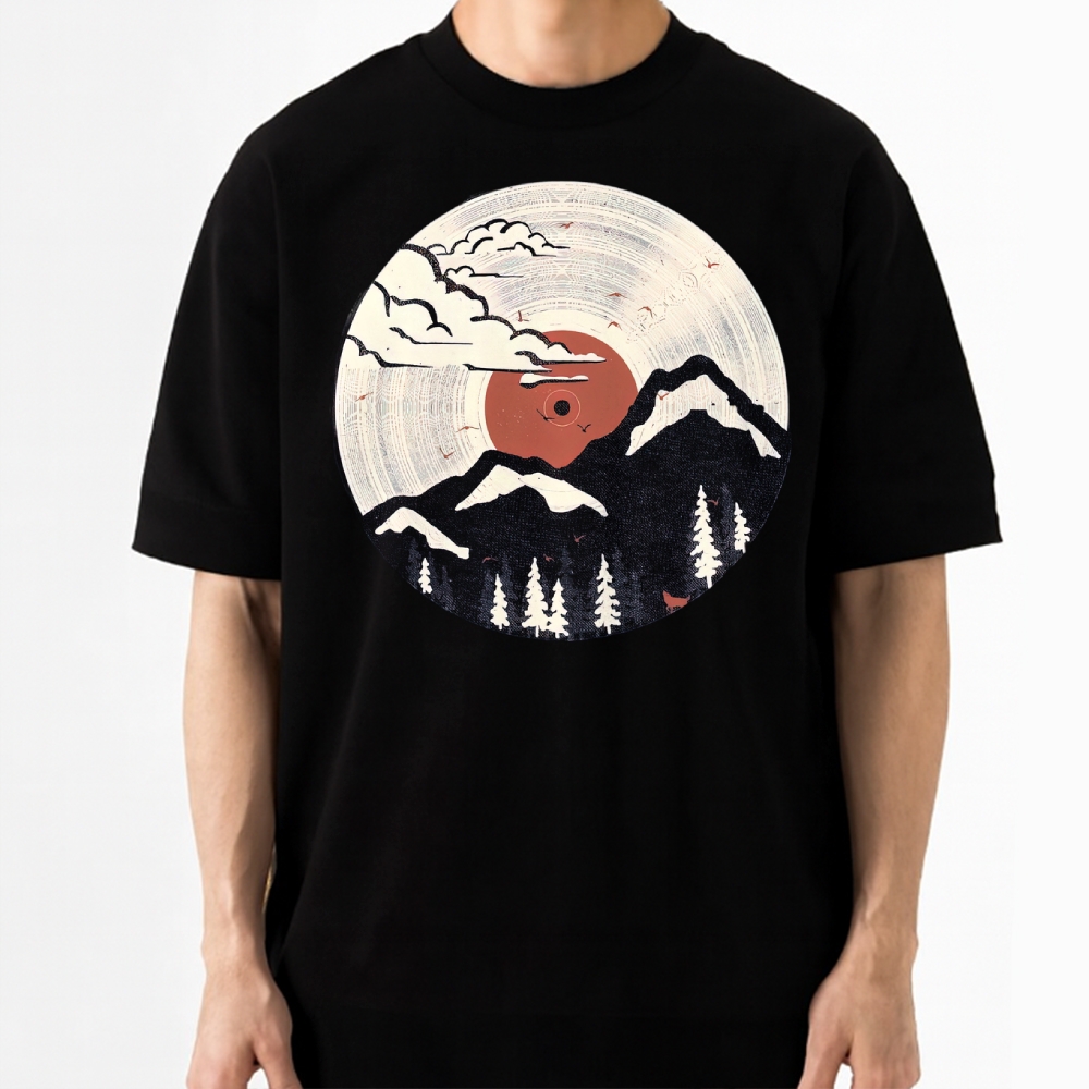 Vinyl Record Mountain Forest Red Sun Japanese Woodcut Style Solid Cotton T-shirt