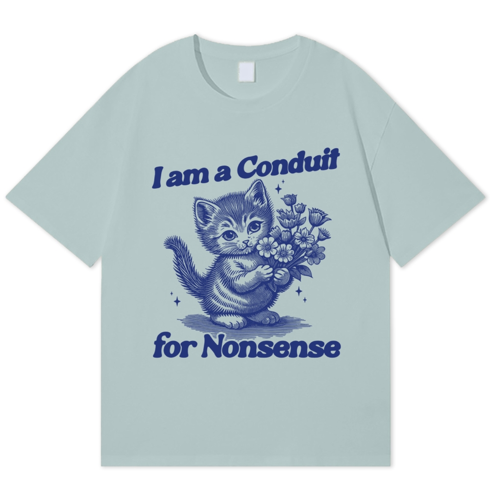 Blue Engraving Kitten Holding Flower Bouquet Sassy Quote Cotton T-shirt