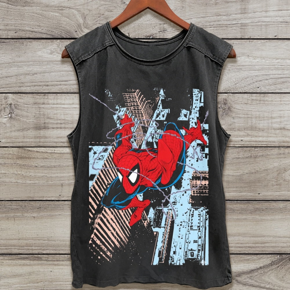 Comic Web-Slinging City Hero Distressed Charcoal Acid Washed Tank Top