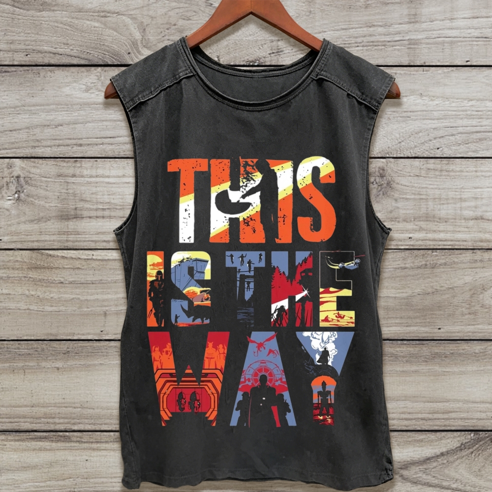 Gradient Fill Scene Collage Letter "This Is The Way" Distressed Washed Tank Top