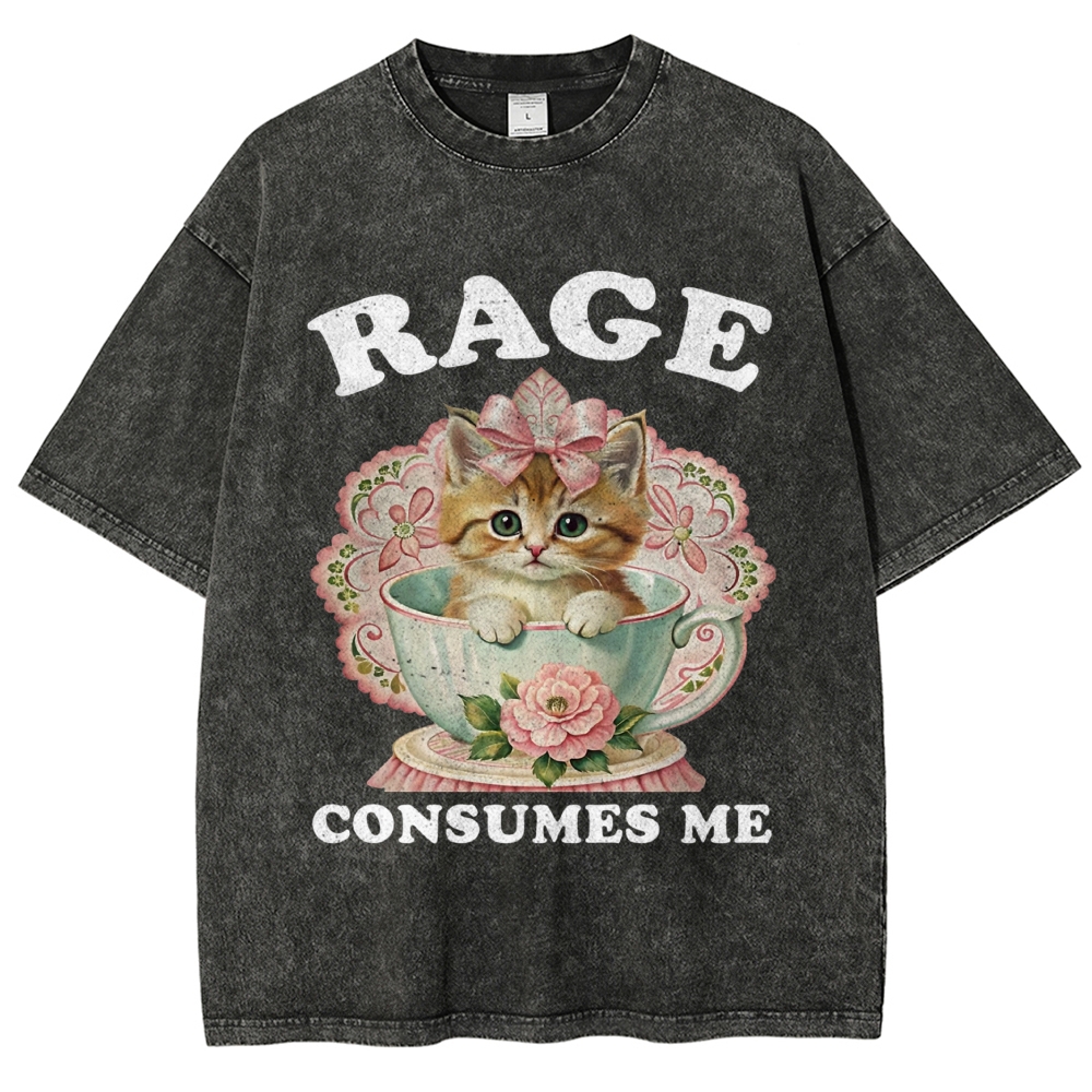 Floral Teacup Kitten "Rage Consumes Me" Grunge Denim Washed T-shirt 