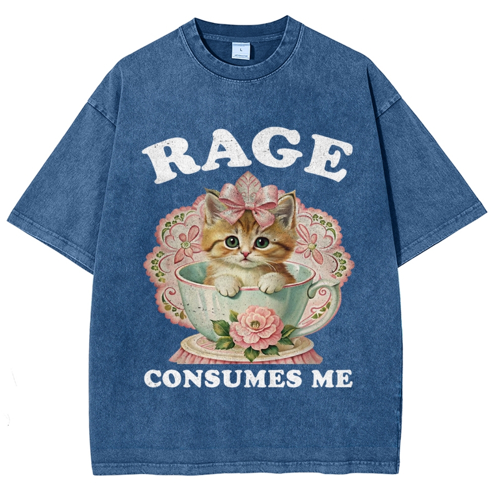 Floral Teacup Kitten "Rage Consumes Me" Grunge Denim Washed T-shirt 