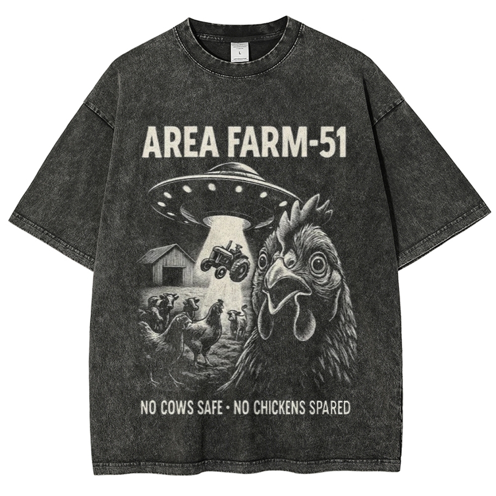 Area Farm-51 UFO Abducting Farm Livestock Vintage Engraving Washed T-shirt