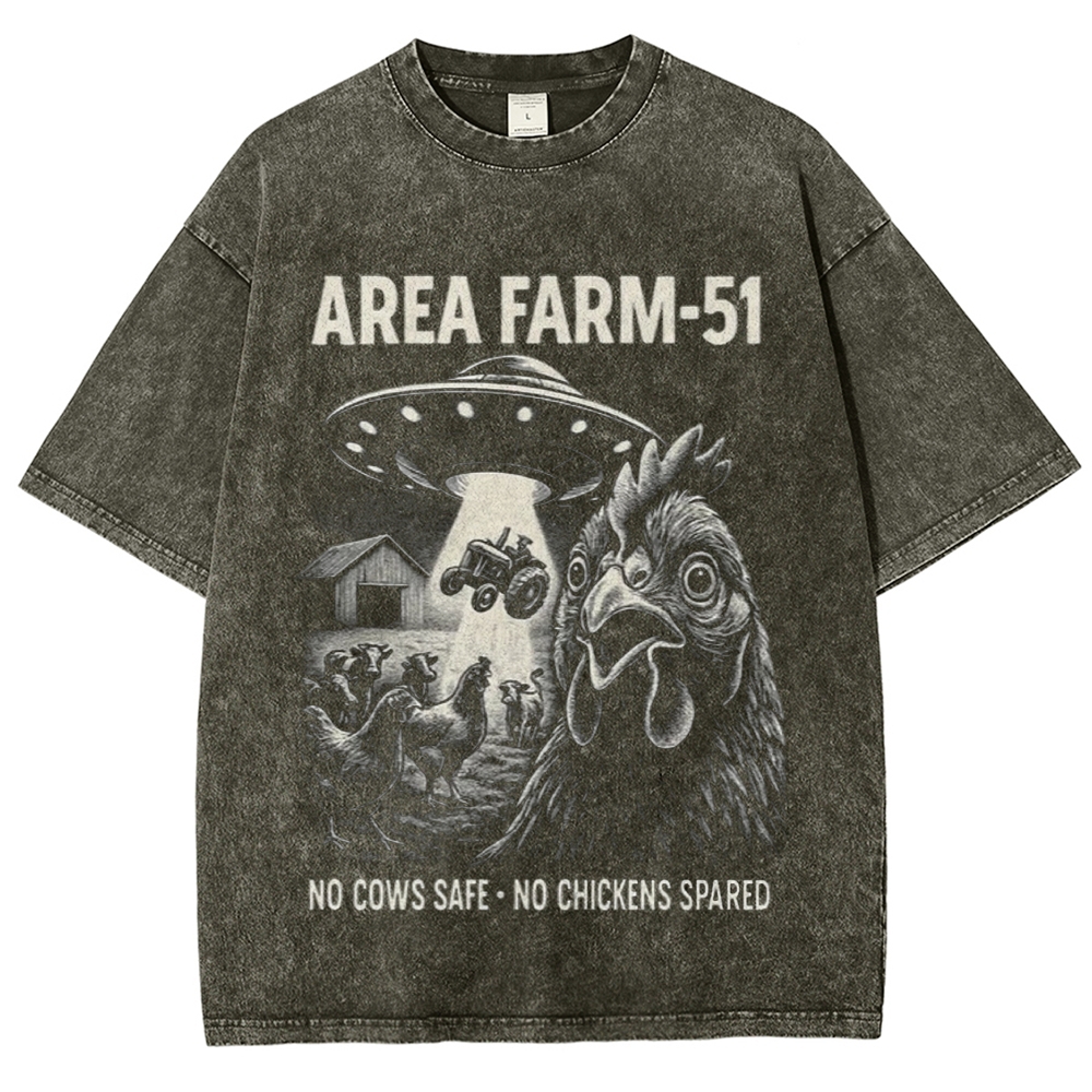Area Farm-51 UFO Abducting Farm Livestock Vintage Engraving Washed T-shirt