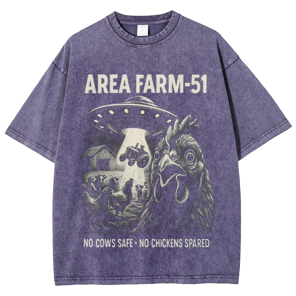 Area Farm-51 UFO Abducting Farm Livestock Vintage Engraving Washed T-shirt