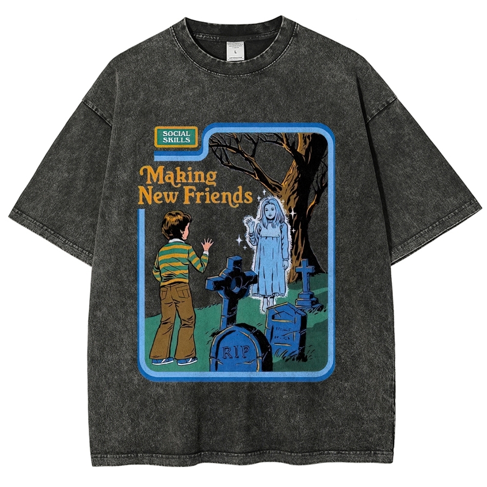 Retro Comic Graveyard Ghost "Making New Friends" Dark Cute Denim Washed T-shirt