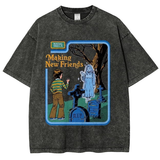 Retro Comic Graveyard Ghost "Making New Friends" Dark Cute Denim Washed T-shirt