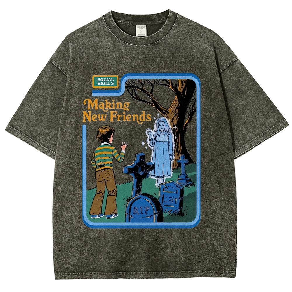 Retro Comic Graveyard Ghost "Making New Friends" Dark Cute Denim Washed T-shirt
