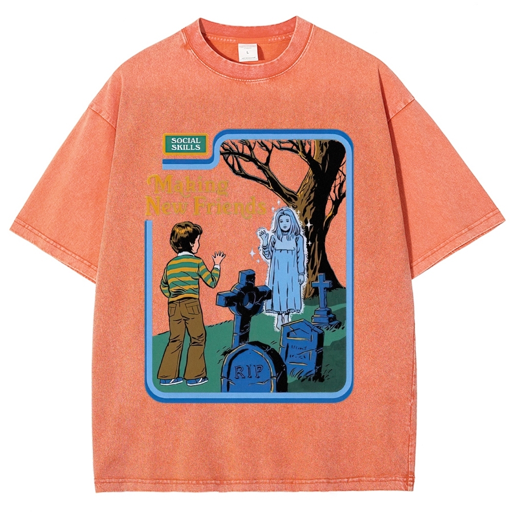 Retro Comic Graveyard Ghost "Making New Friends" Dark Cute Denim Washed T-shirt