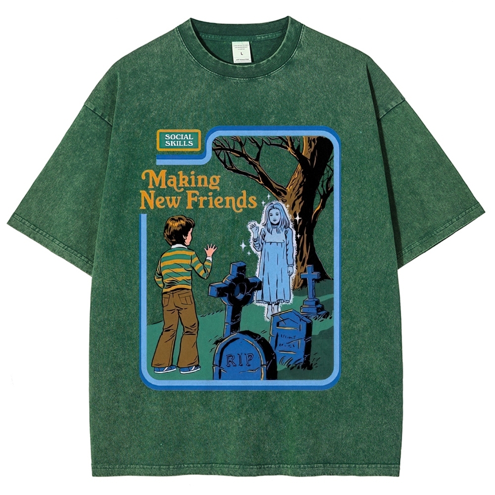 Retro Comic Graveyard Ghost "Making New Friends" Dark Cute Denim Washed T-shirt