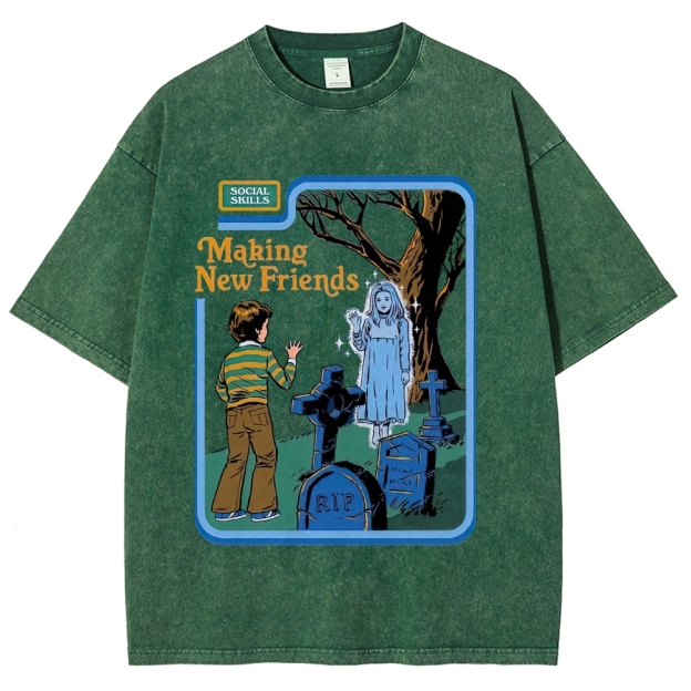 Retro Comic Graveyard Ghost "Making New Friends" Dark Cute Denim Washed T-shirt