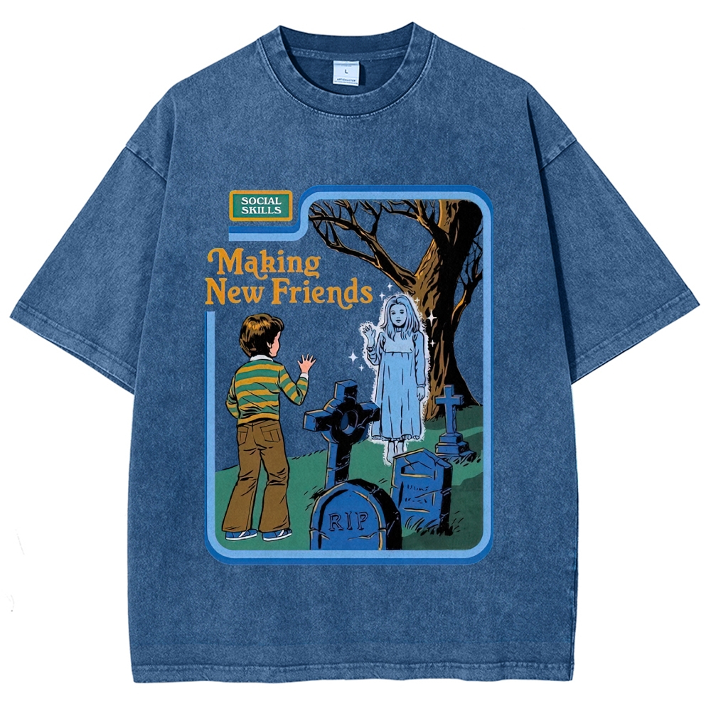 Retro Comic Graveyard Ghost "Making New Friends" Dark Cute Denim Washed T-shirt