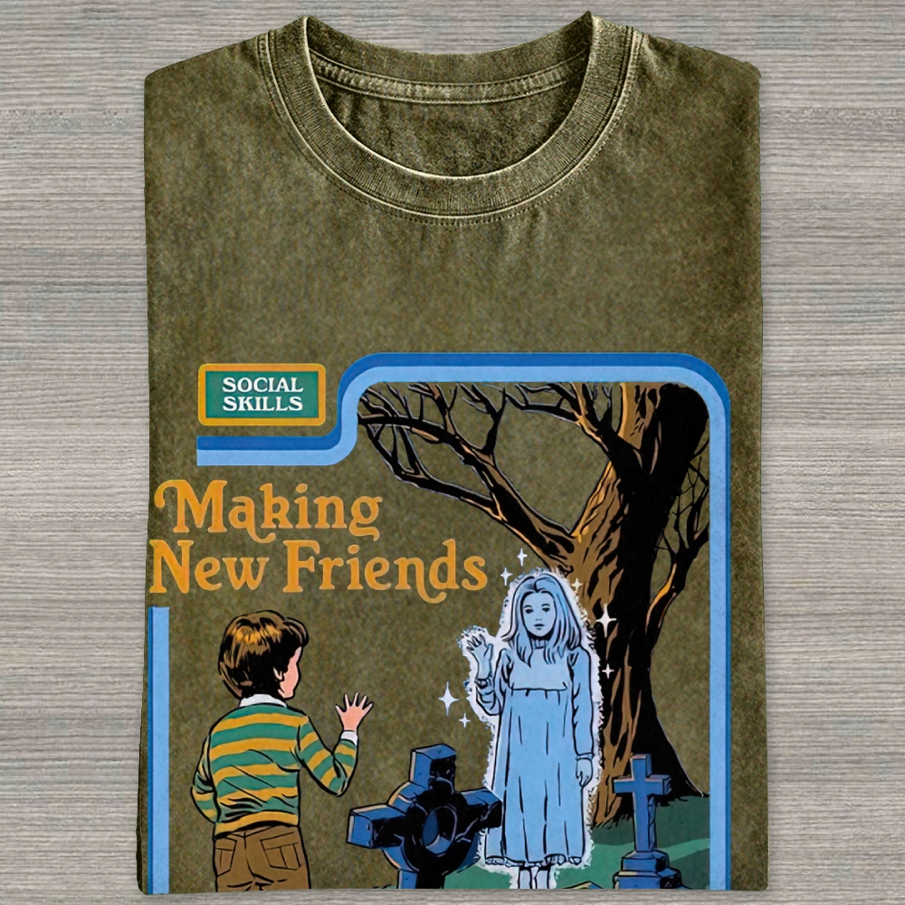 Retro Comic Graveyard Ghost "Making New Friends" Dark Cute Denim Washed T-shirt