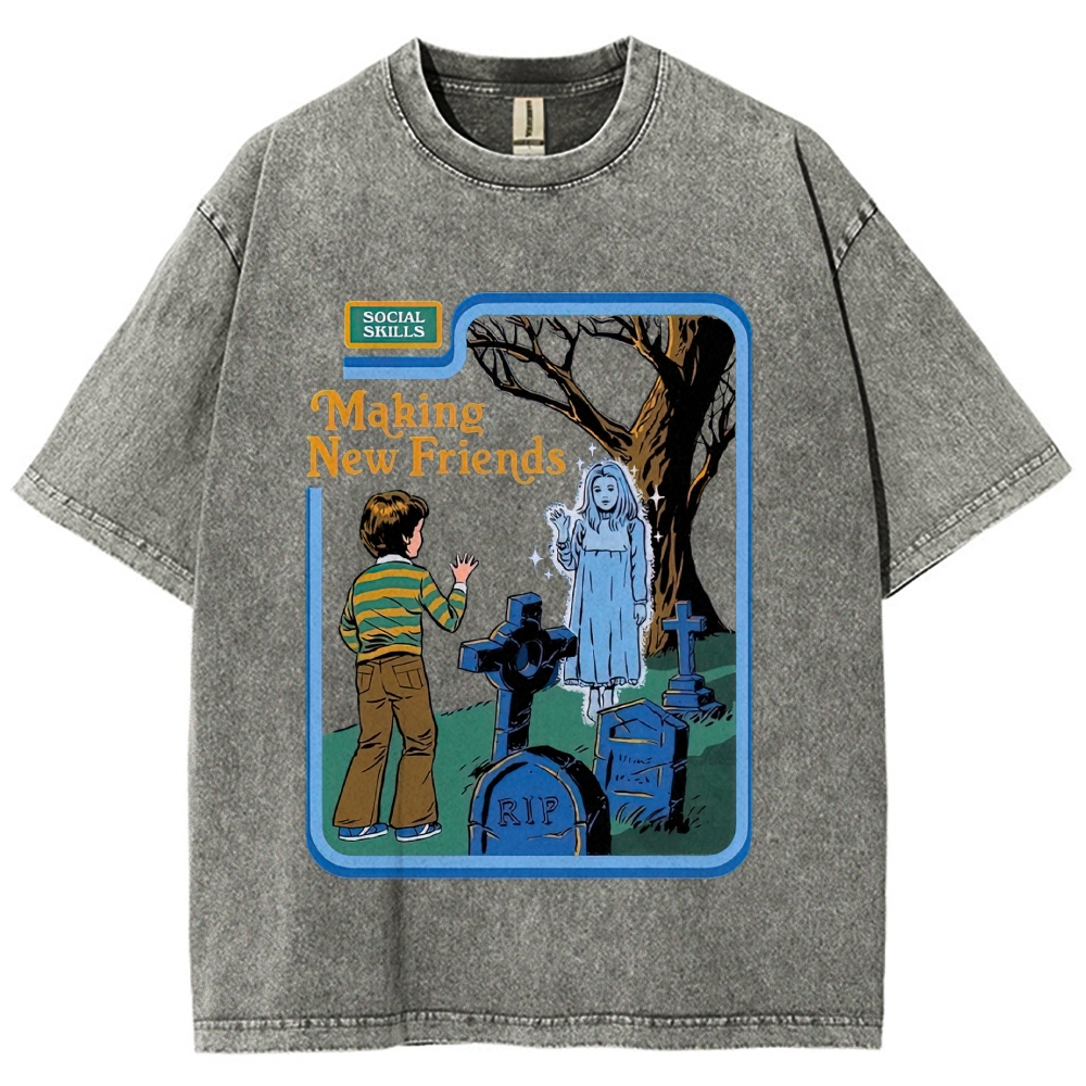 Retro Comic Graveyard Ghost "Making New Friends" Dark Cute Denim Washed T-shirt