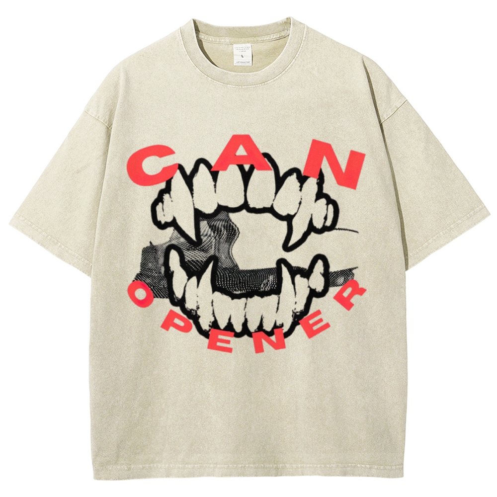 Monster Fangs Mouth "Can Opener" Contrast Red Text Grunge Washed T-shirt