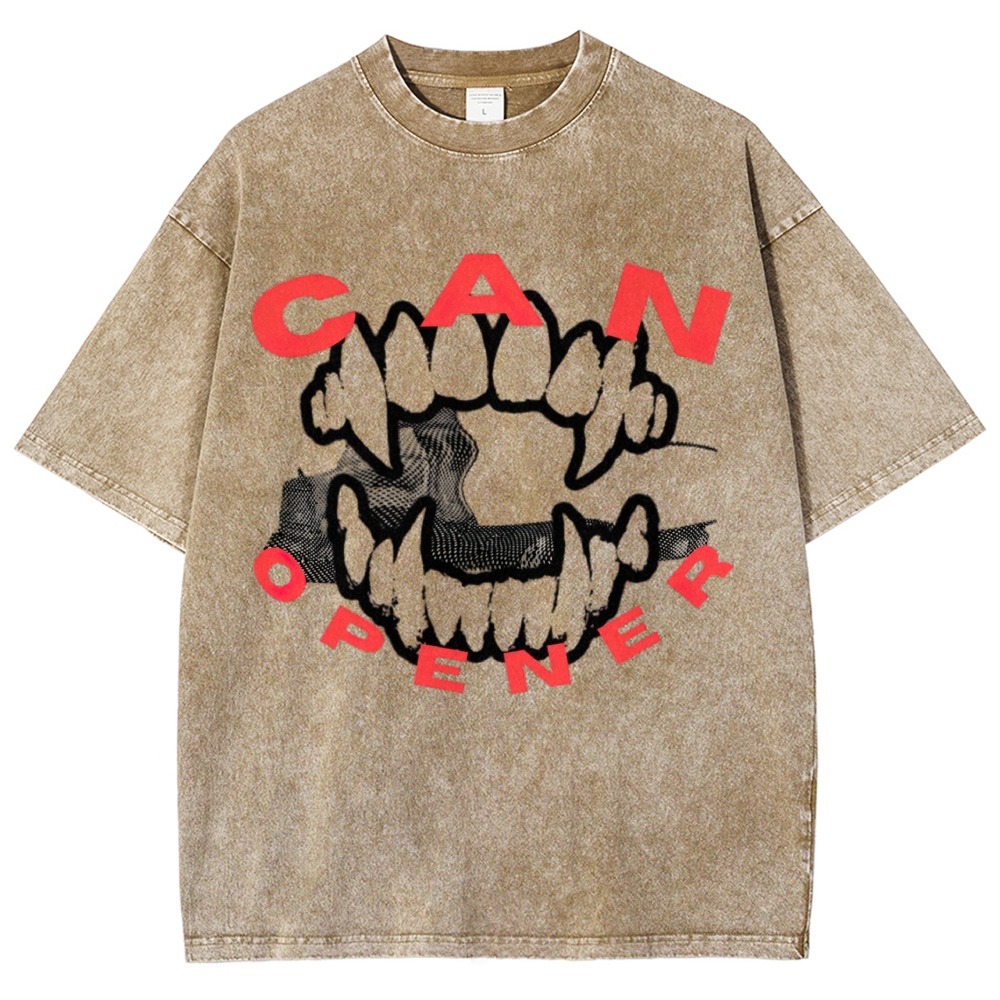Monster Fangs Mouth "Can Opener" Contrast Red Text Grunge Washed T-shirt