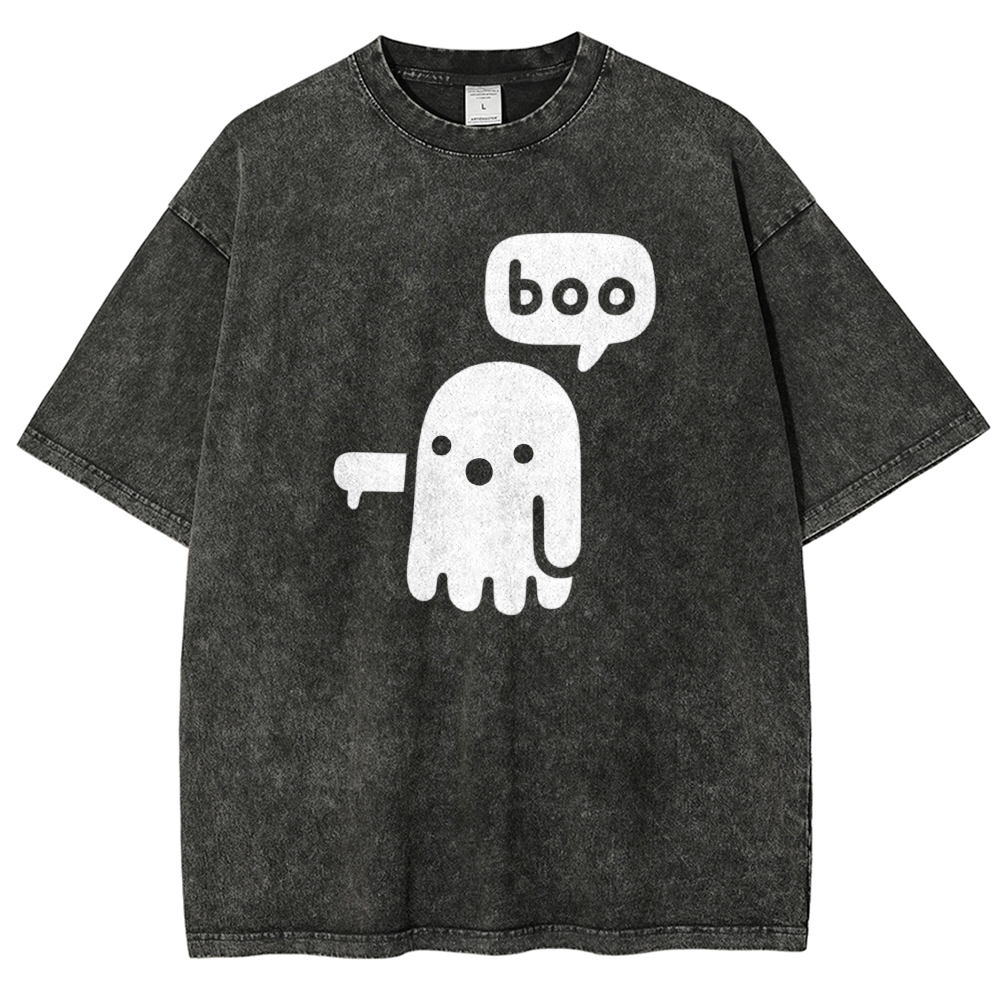 Simple Cartoon Middle Finger Ghost "boo" Speech Bubble Washed T-shirt