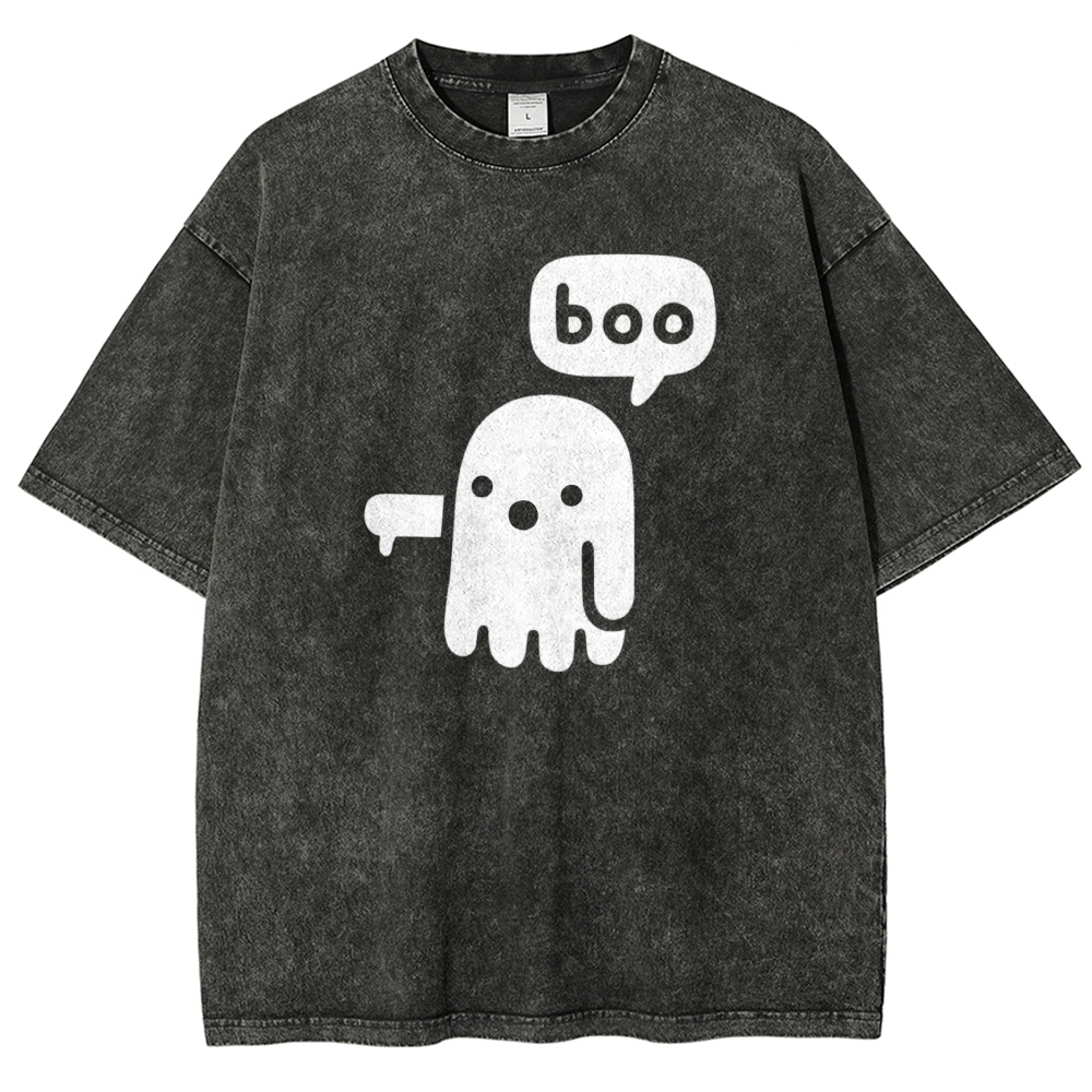 Simple Cartoon Middle Finger Ghost "boo" Speech Bubble Washed T-shirt