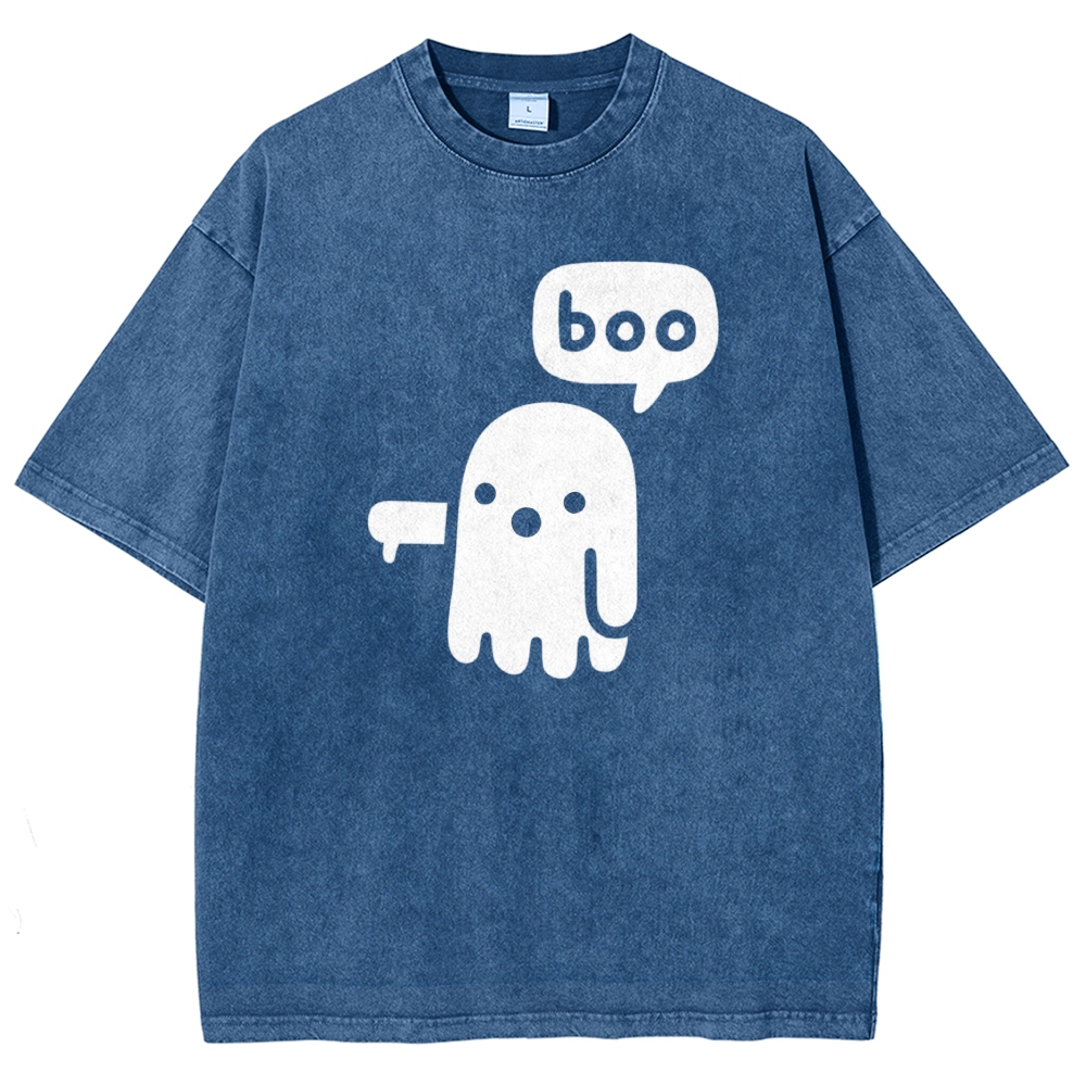 Simple Cartoon Middle Finger Ghost "boo" Speech Bubble Washed T-shirt