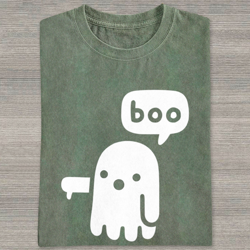 Simple Cartoon Middle Finger Ghost "boo" Speech Bubble Washed T-shirt