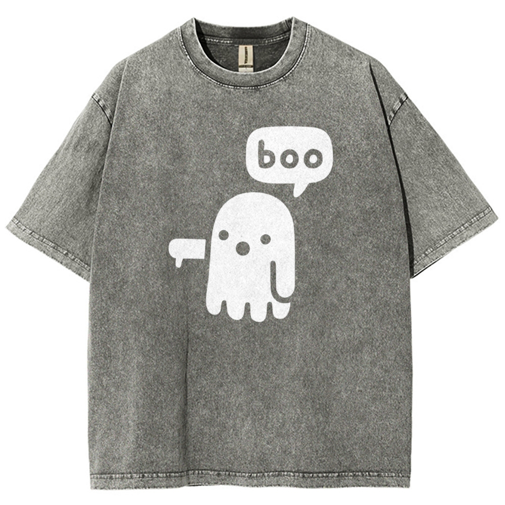 Simple Cartoon Middle Finger Ghost "boo" Speech Bubble Washed T-shirt