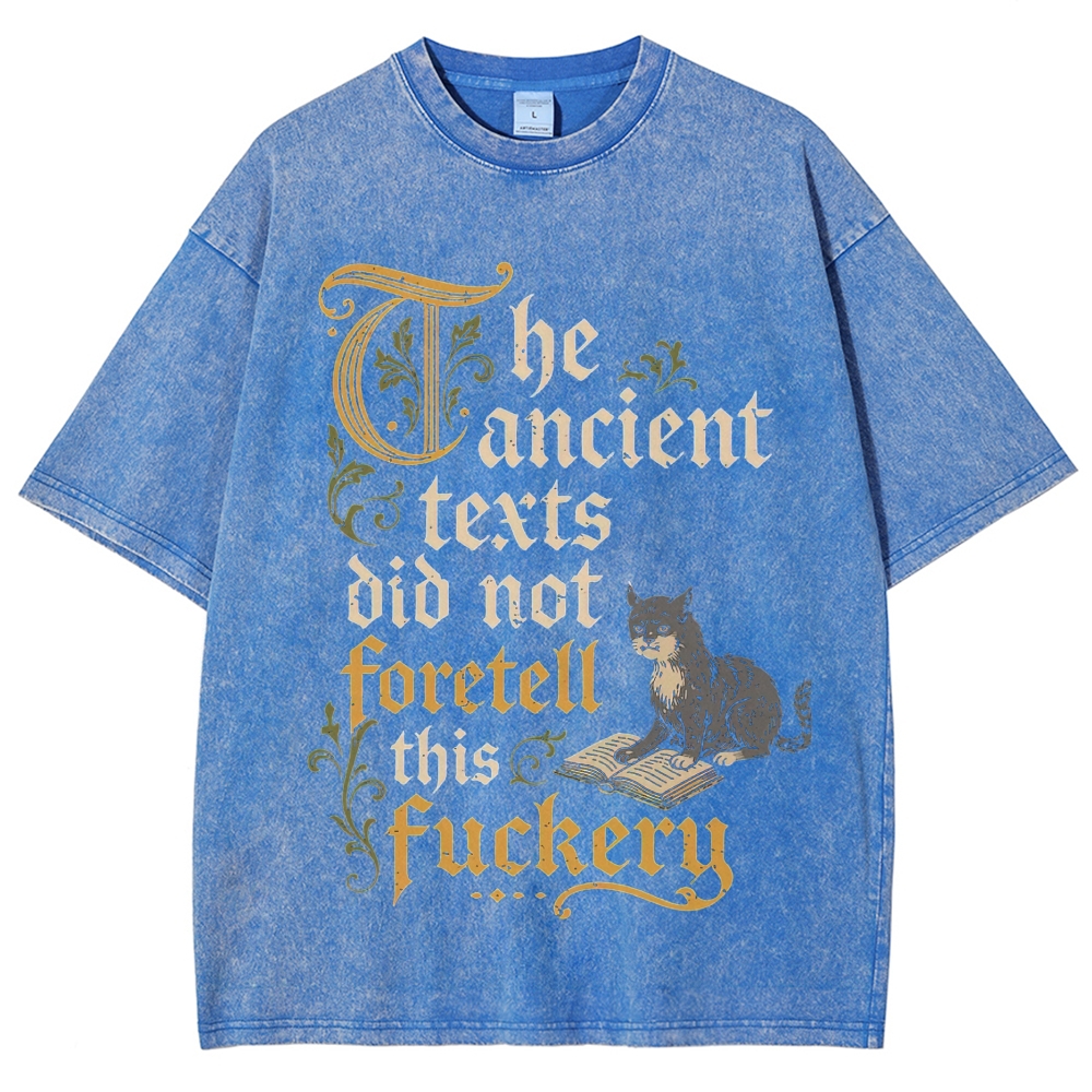 Old Gothic Script Cat Reading Book Rude Funny Quote Washed T-shirt