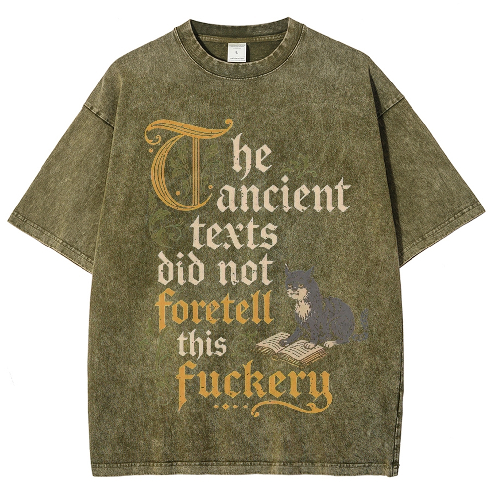 Old Gothic Script Cat Reading Book Rude Funny Quote Washed T-shirt