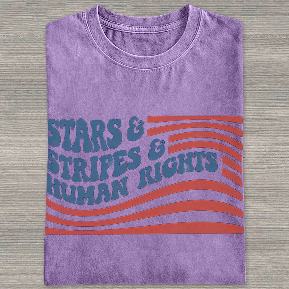 Wavy Bubble Font American Flag "Stars & Stripes & Human Rights"Washed T-shirt