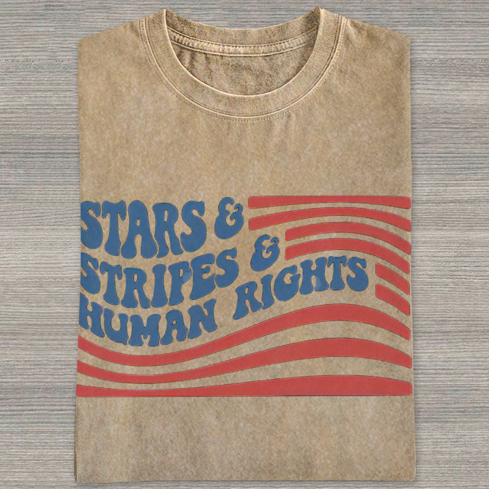 Wavy Bubble Font American Flag "Stars & Stripes & Human Rights"Washed T-shirt