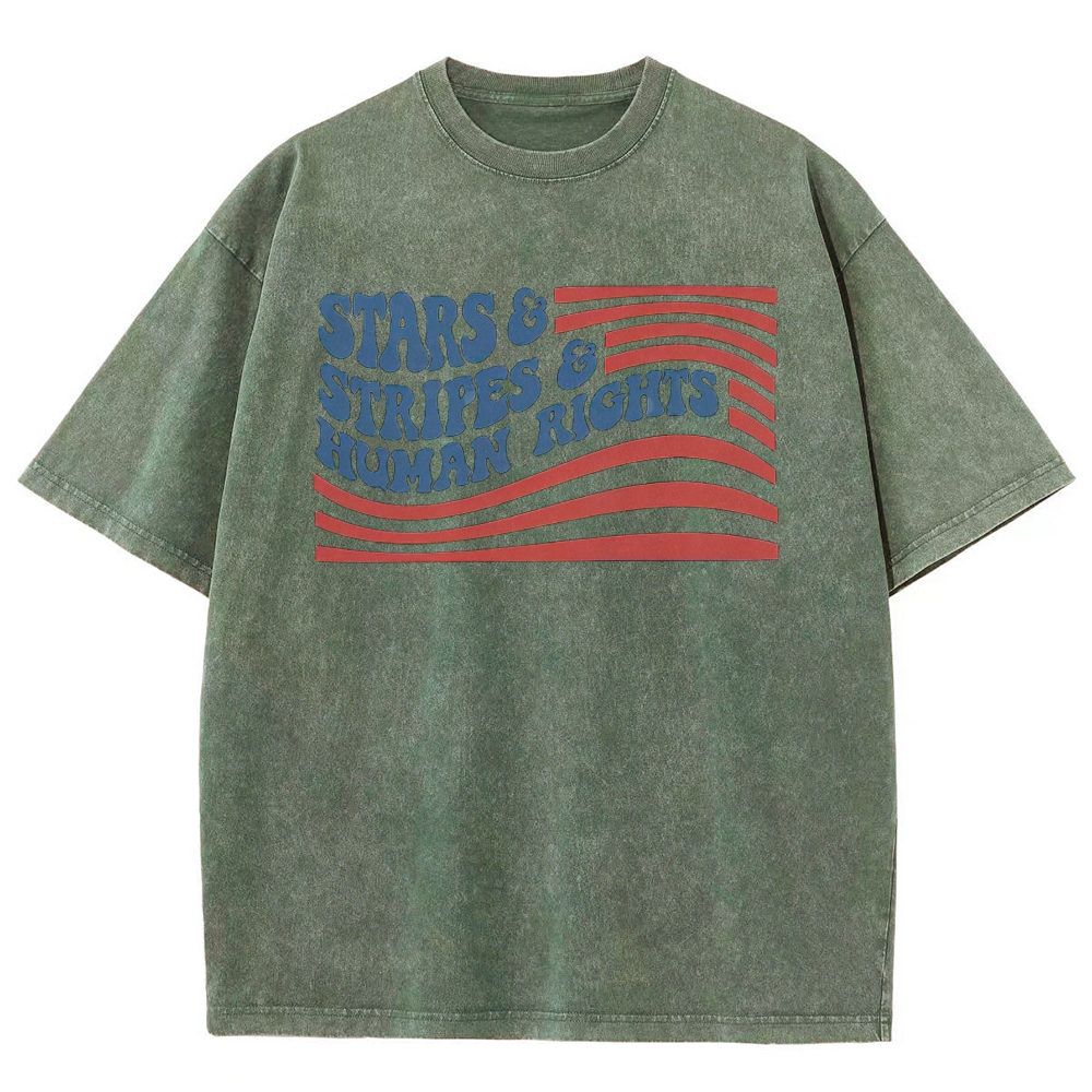 Wavy Bubble Font American Flag "Stars & Stripes & Human Rights"Washed T-shirt