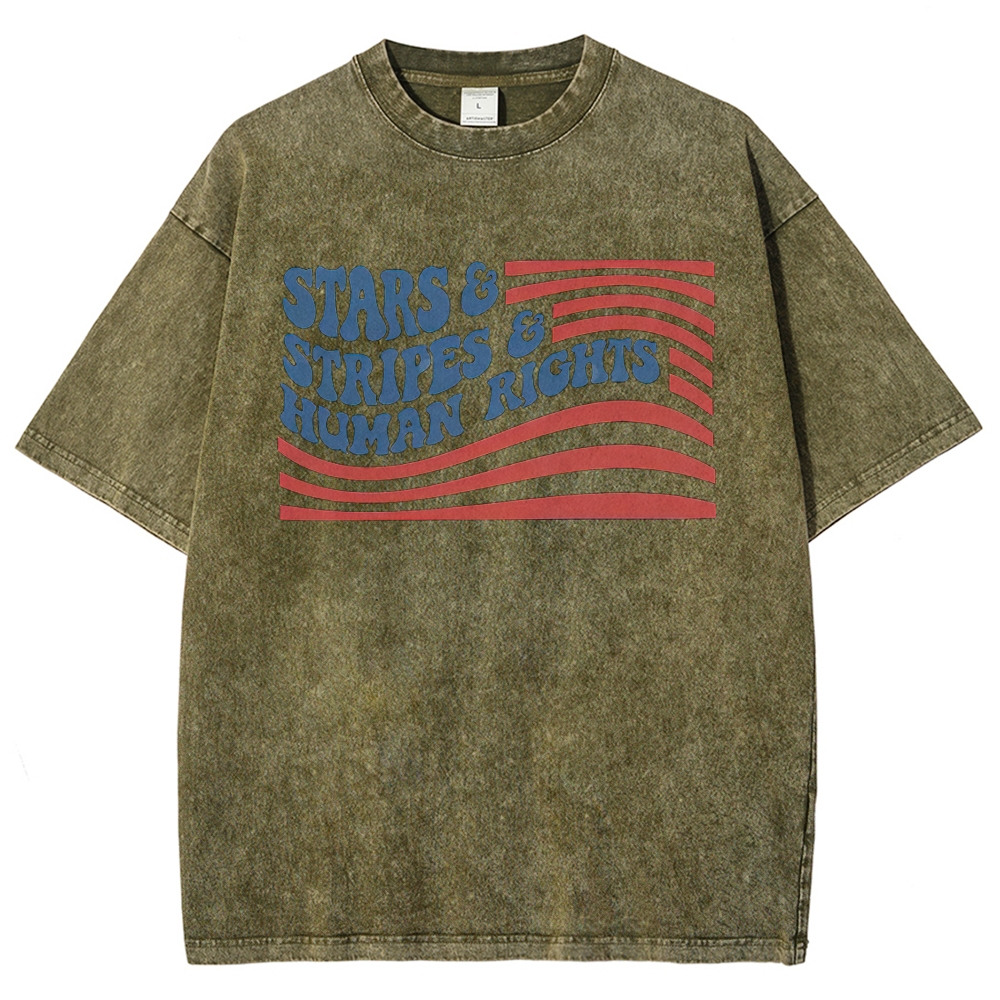 Wavy Bubble Font American Flag "Stars & Stripes & Human Rights"Washed T-shirt
