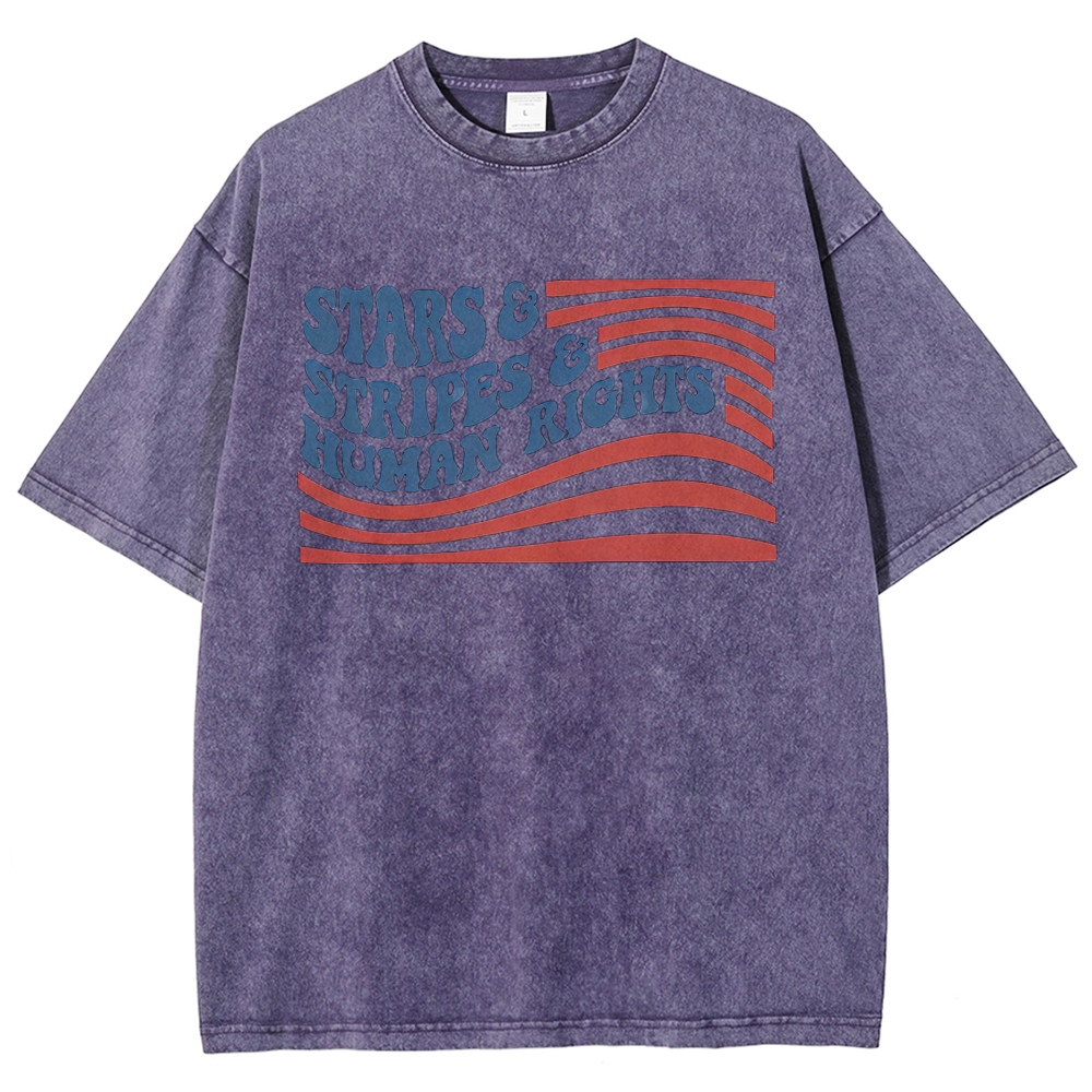 Wavy Bubble Font American Flag "Stars & Stripes & Human Rights"Washed T-shirt