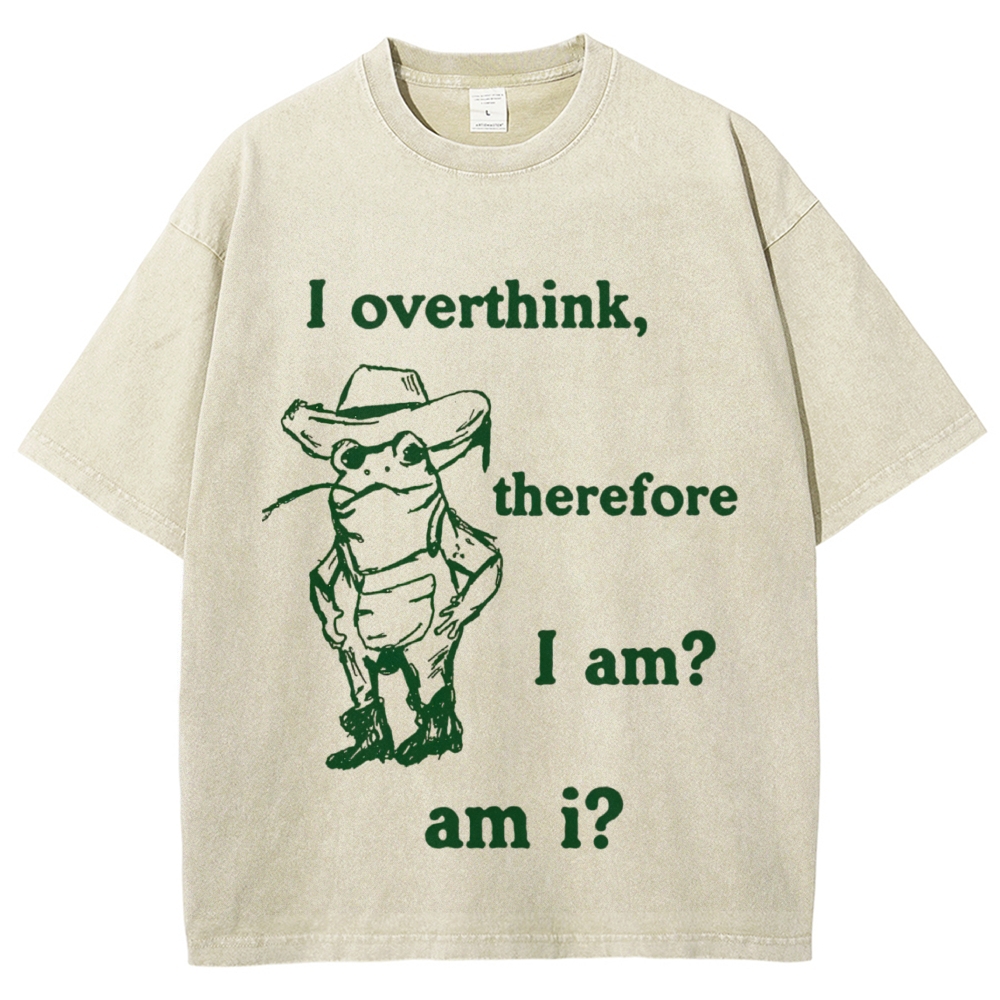 Line Art Cowboy Frog Philosophical Overthinking Quote Cream Washed T-shirt