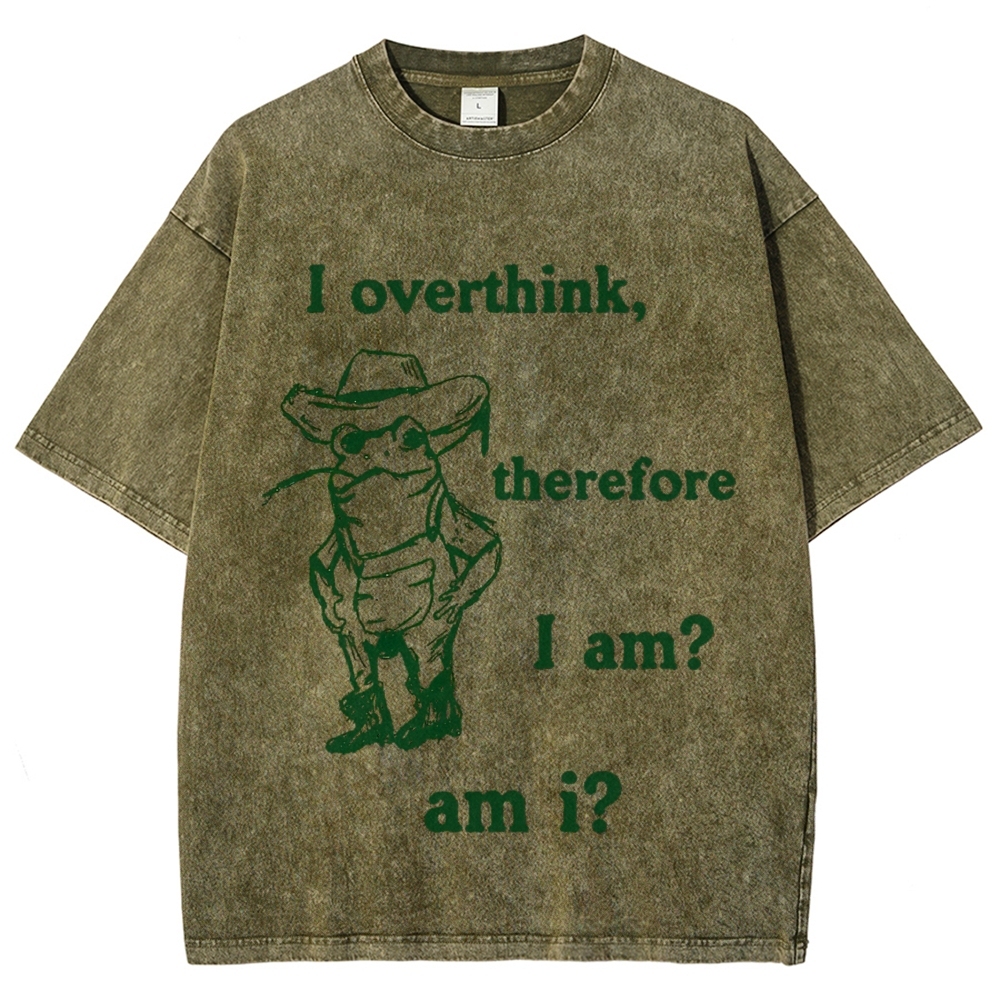 Line Art Cowboy Frog Philosophical Overthinking Quote Cream Washed T-shirt
