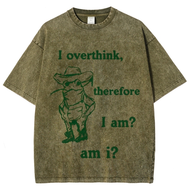 Line Art Cowboy Frog Philosophical Overthinking Quote Cream Washed T-shirt