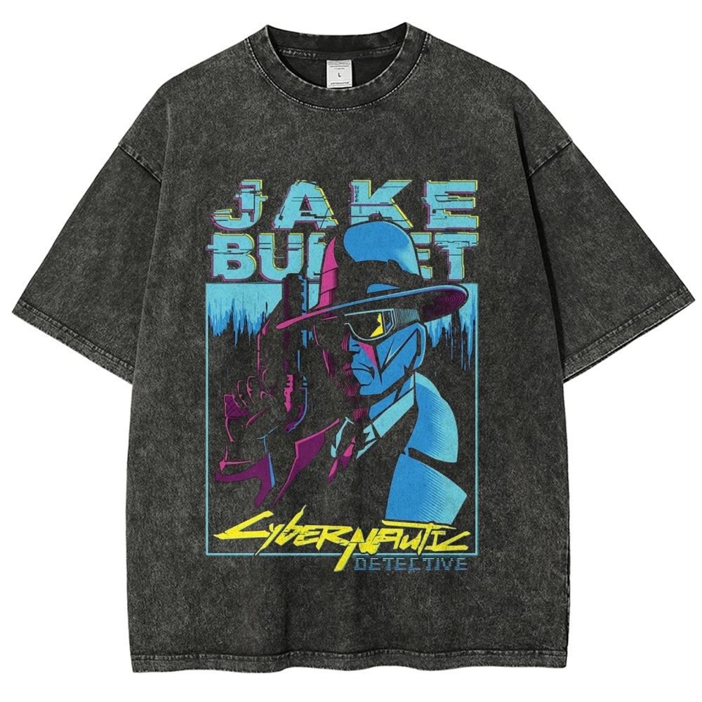 Neon Cyberpunk Noir Detective Character Retro Washed T-shirt