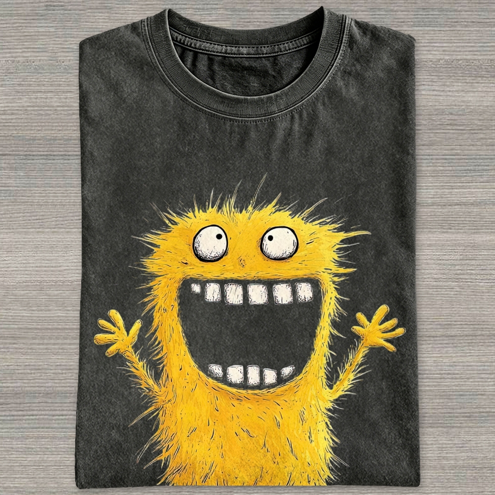 Goofy Fluffy Yellow Furry Big Grin Monster Washed T-shirt