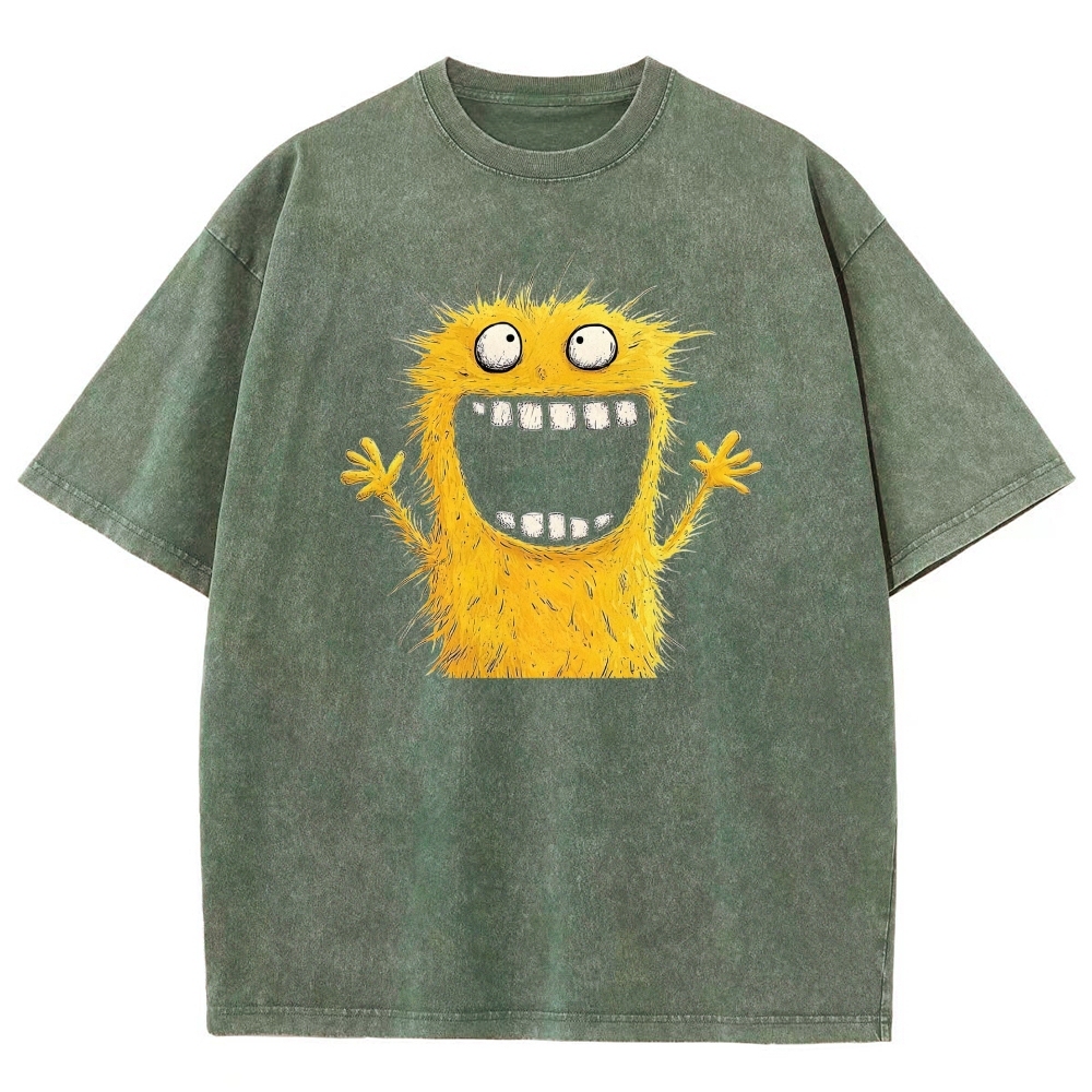 Goofy Fluffy Yellow Furry Big Grin Monster Washed T-shirt