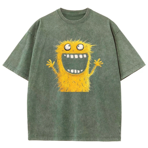 Goofy Fluffy Yellow Furry Big Grin Monster Washed T-shirt