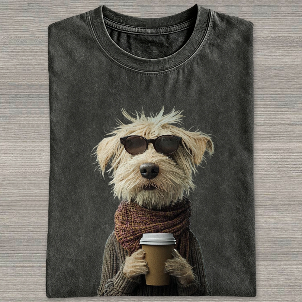 Hipster Shaggy Dog Sunglasses Scarf Coffee Cup Realistic Portrait  Washed T-shirt