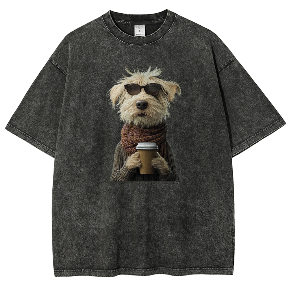 Hipster Shaggy Dog Sunglasses Scarf Coffee Cup Realistic Portrait  Washed T-shirt