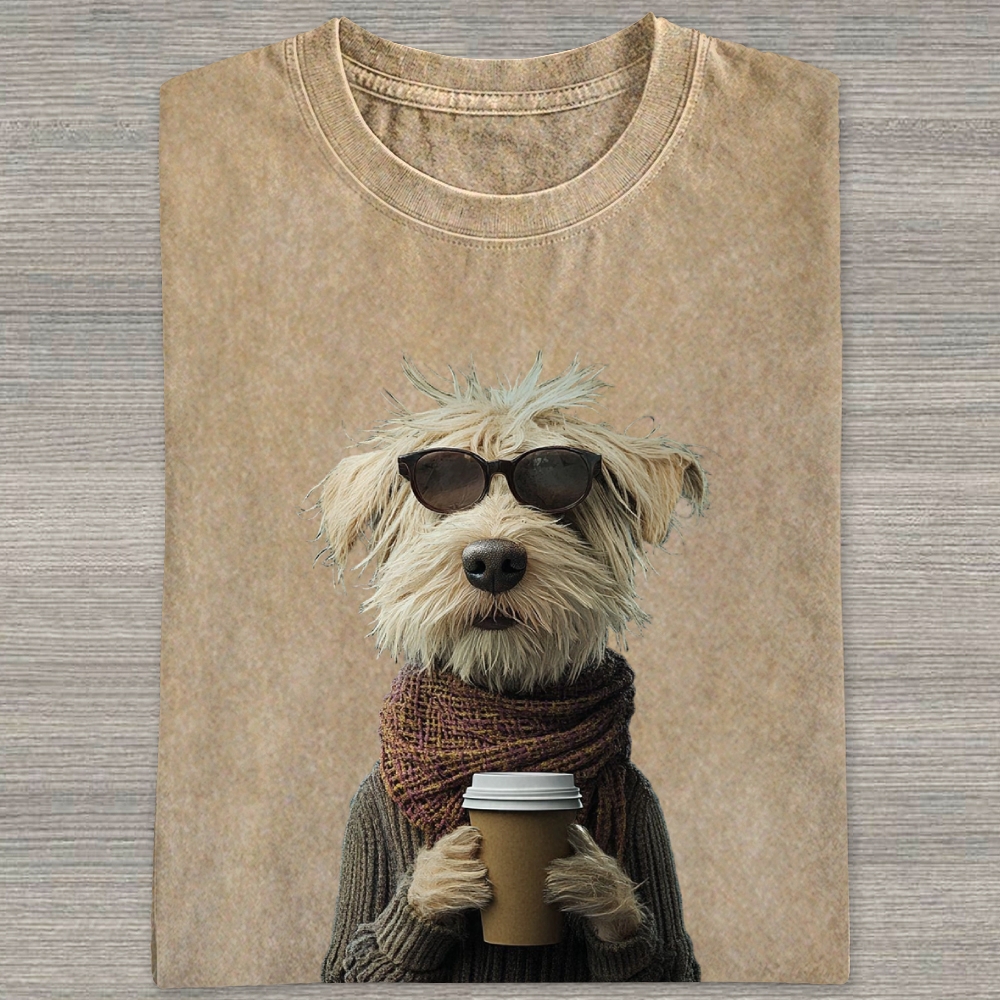Hipster Shaggy Dog Sunglasses Scarf Coffee Cup Realistic Portrait  Washed T-shirt