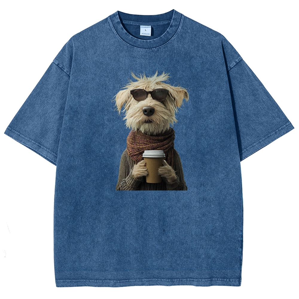 Hipster Shaggy Dog Sunglasses Scarf Coffee Cup Realistic Portrait  Washed T-shirt